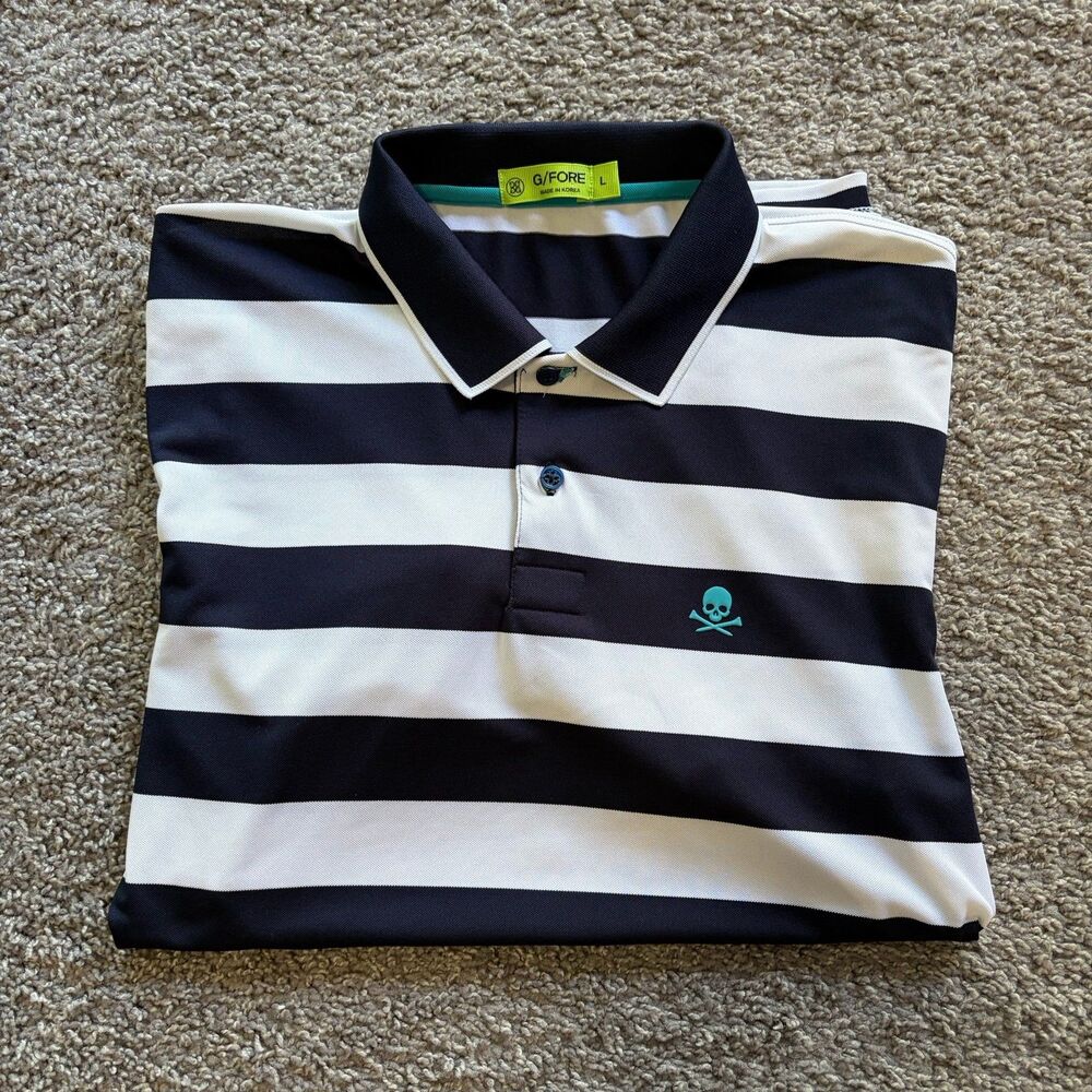 G/FORE Skull Striped Polo Golf Shirt White Navy Blue Performance Mens Large